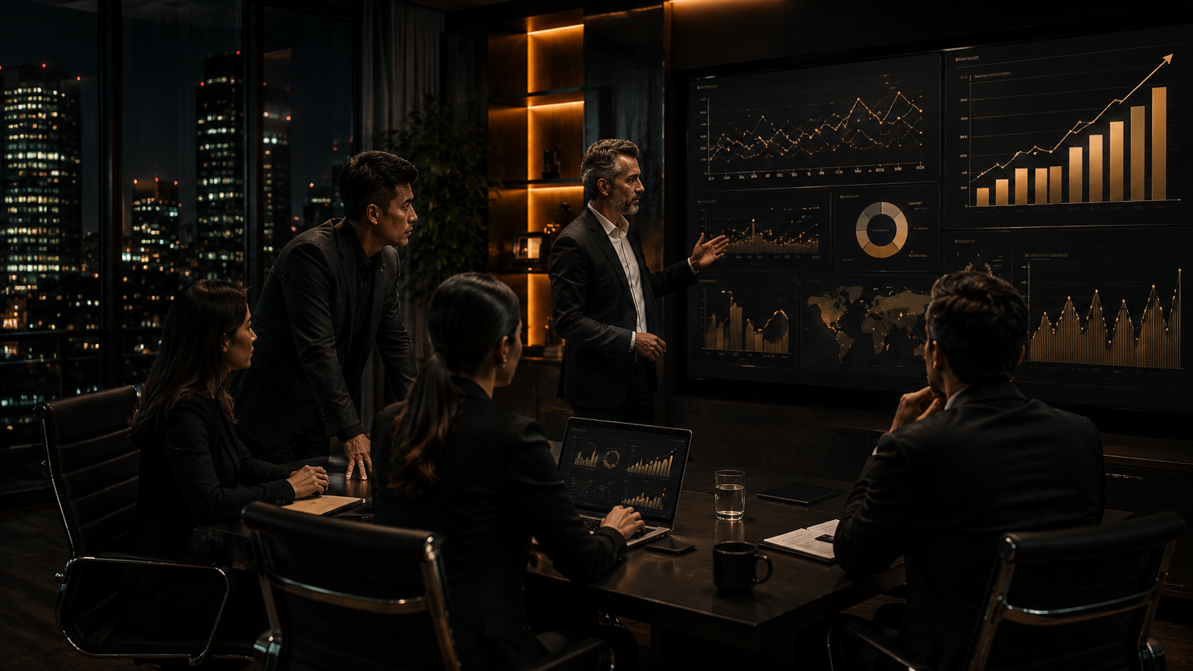 Reunión empresarial con gráficos y análisis de campañas