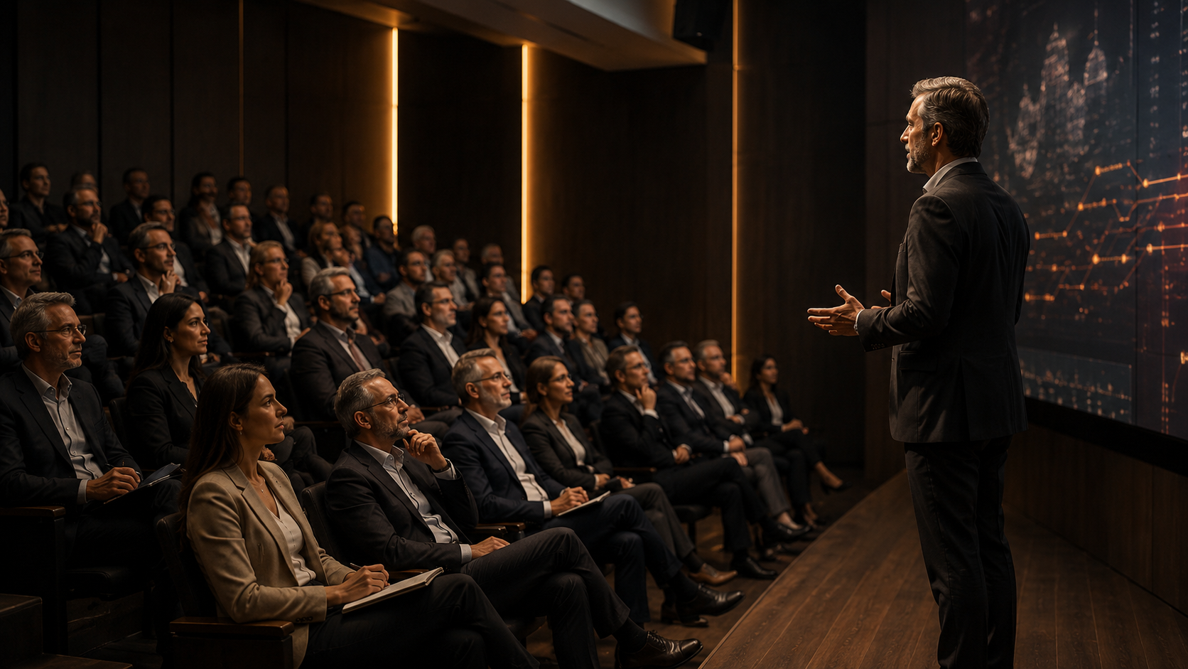 Presentación corporativa y formación ejecutiva con personas en acción